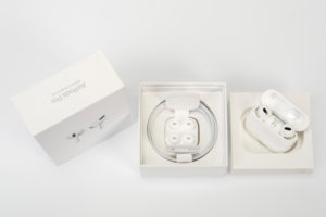 Apple AirPods Pro, original packaging opened, accessories, white background, Apple AirPods Pro, original packaging opened, accessories, white background,